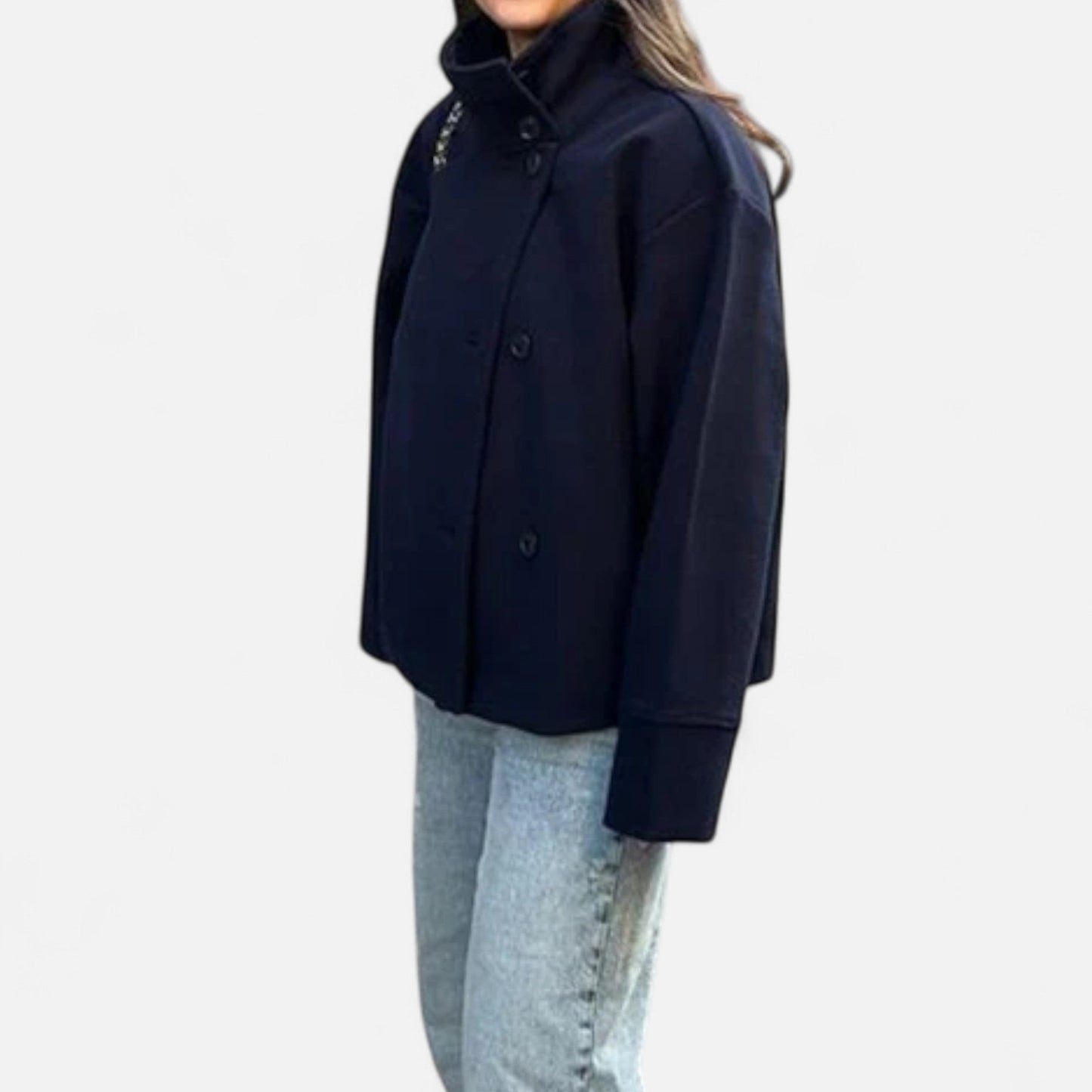 Manteau Court Col Haut Structuré Épaules Tombantes pour Femme