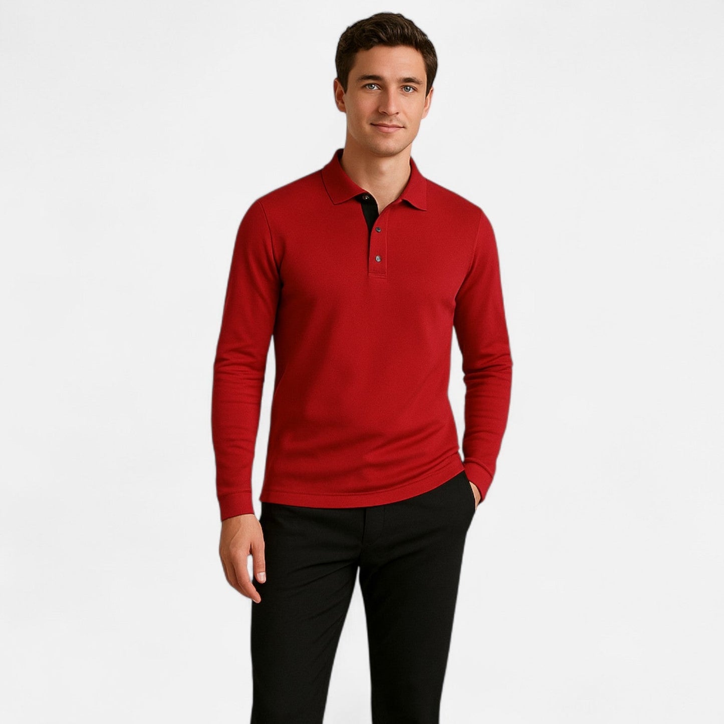 Polo Manches Longues Col Trois Boutons en Coton pour Homme