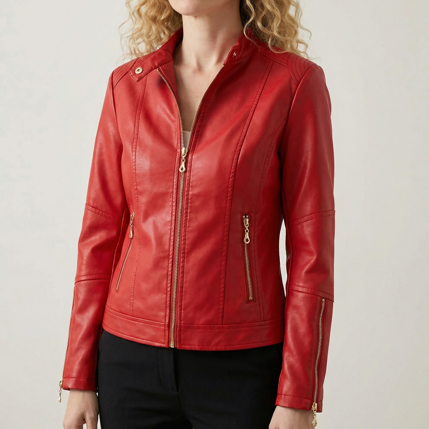 Veste en Similicuir Boutons Décoratifs Style Motard pour Femme