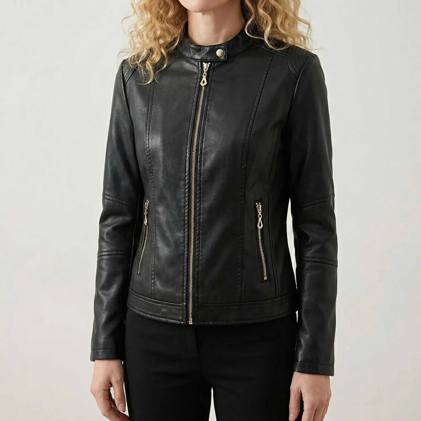 Veste en Similicuir Boutons Décoratifs Style Motard pour Femme