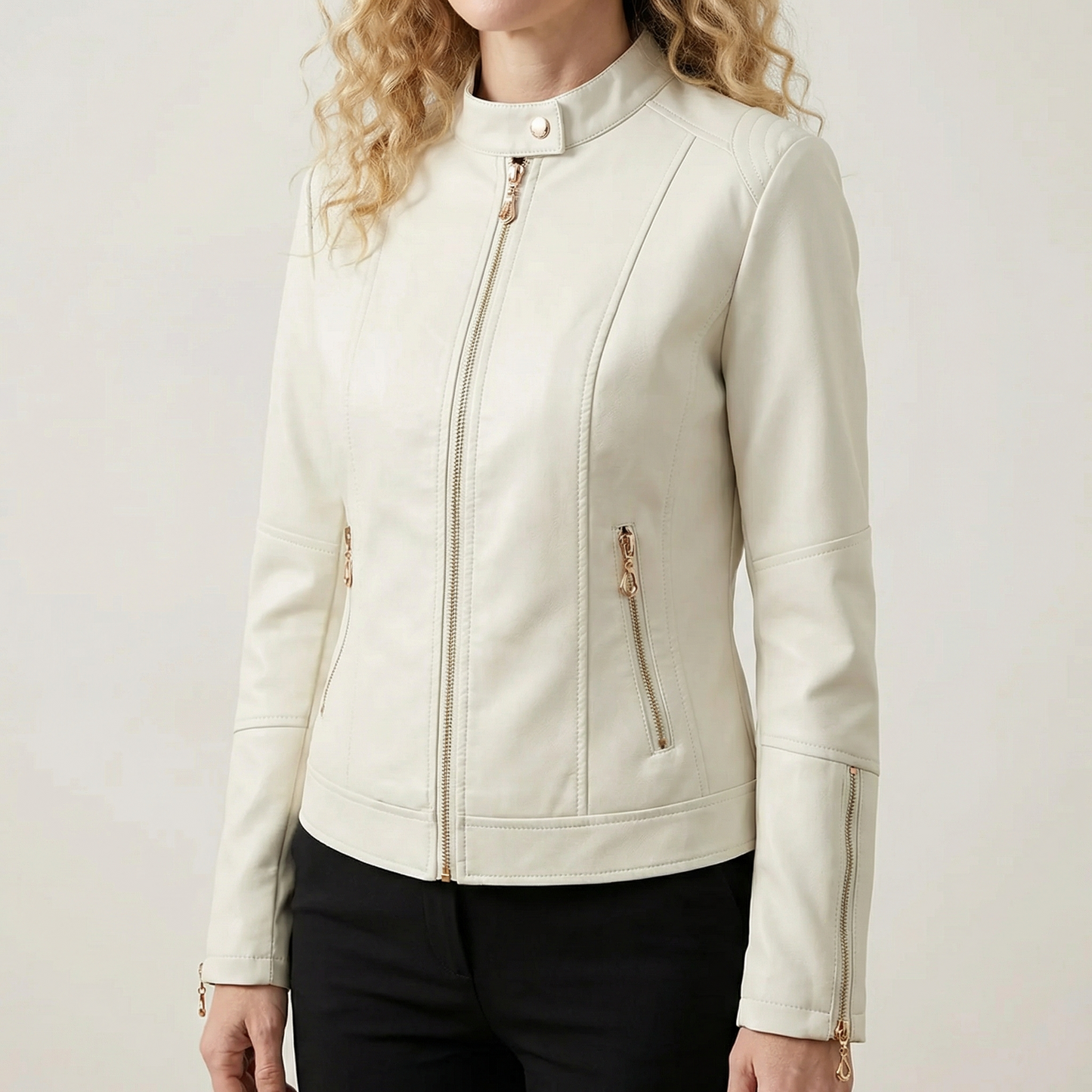 Veste en Similicuir Boutons Décoratifs Style Motard pour Femme