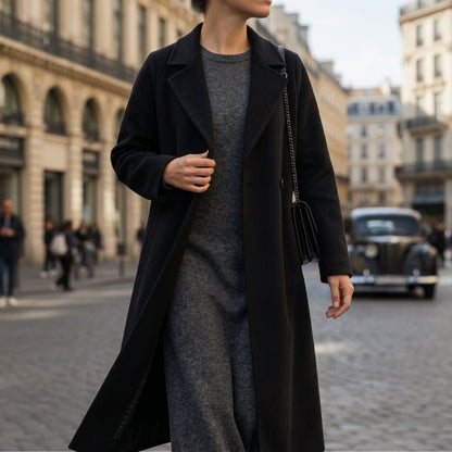 Manteau en Laine Ceinturé Col Cranté pour Femme