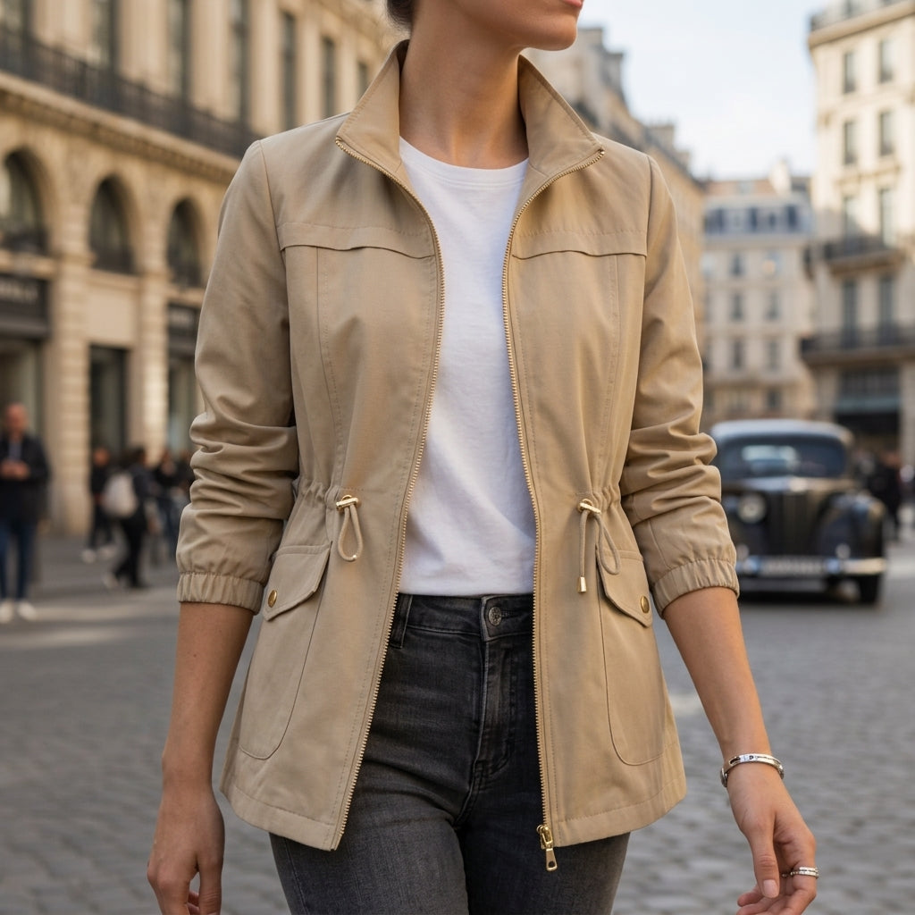 Veste en Coton Zippée Cordon à la Taille pour Femme