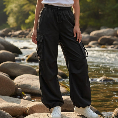 Pantalon Cargo en Coton Jambe Large Taille à Cordon pour Femme