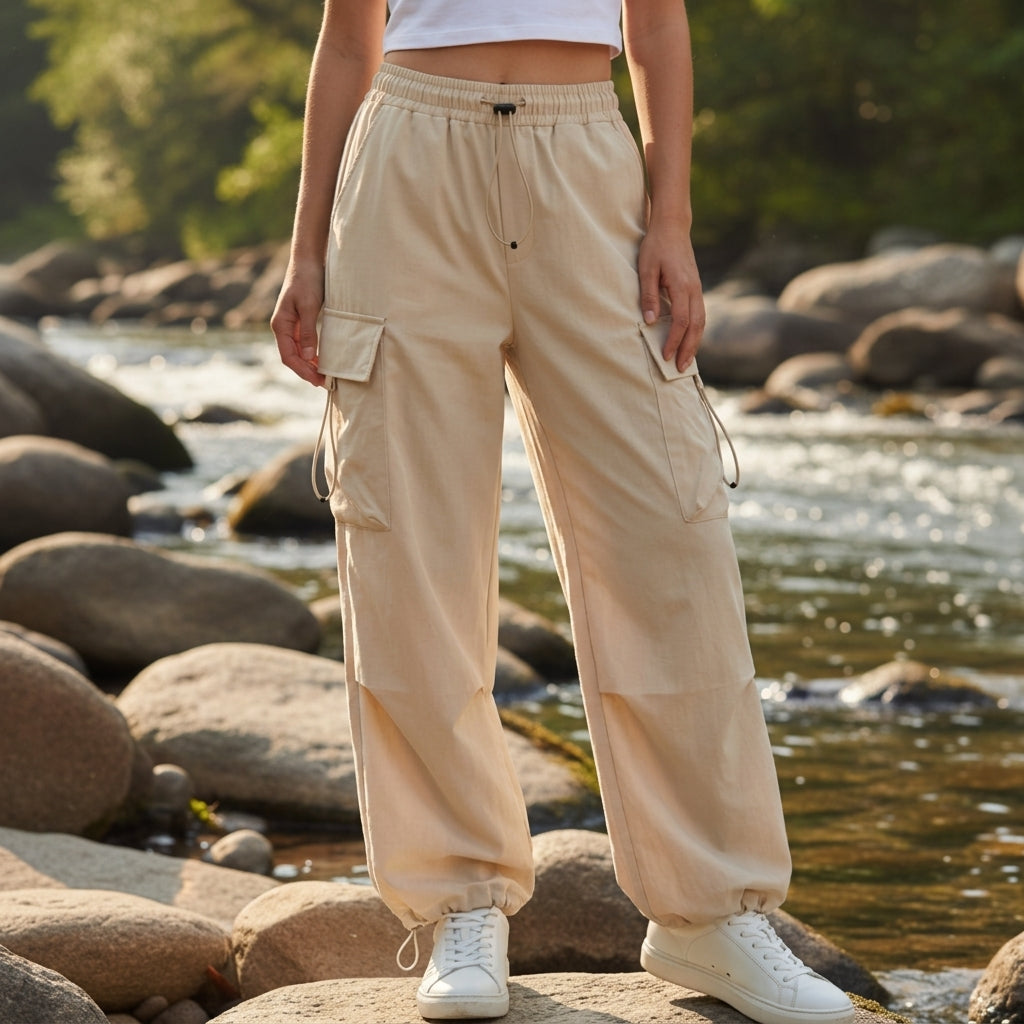Pantalon Cargo en Coton Jambe Large Taille à Cordon pour Femme