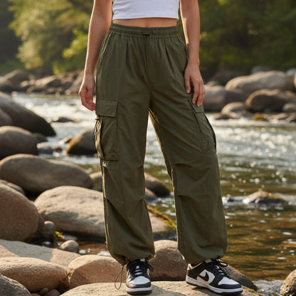 Pantalon Cargo en Coton Jambe Large Taille à Cordon pour Femme