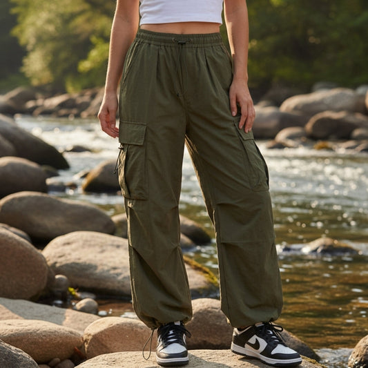 Pantalon Cargo en Coton Jambe Large Taille à Cordon pour Femme