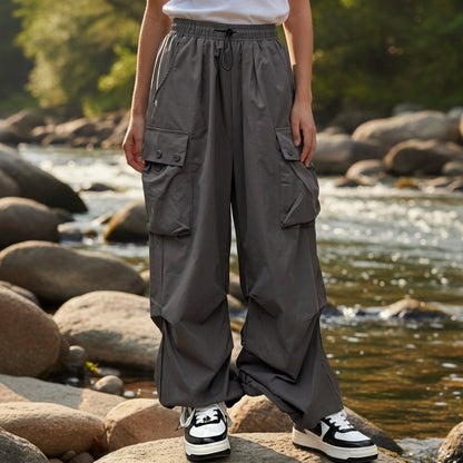 Pantalon Cargo en Coton Jambe Large Taille à Cordon pour Femme