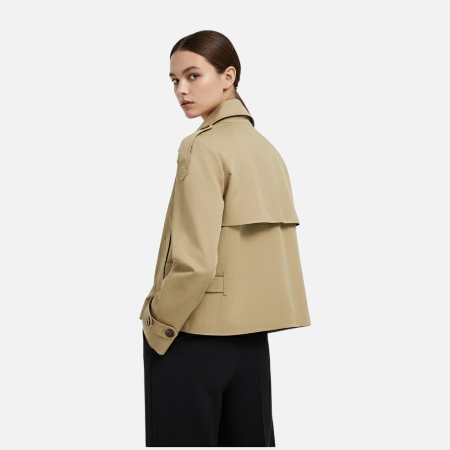 Trench Court Ceinturé Col Montant Double Boutonnage pour Femme