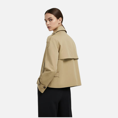 Trench Court Ceinturé Col Montant Double Boutonnage pour Femme