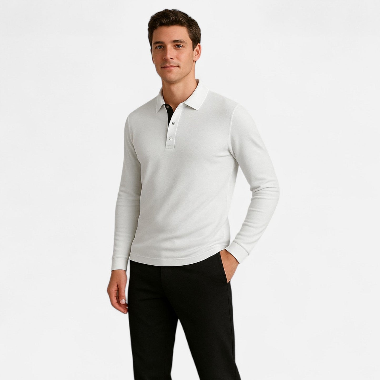 Polo Manches Longues Col Trois Boutons en Coton pour Homme
