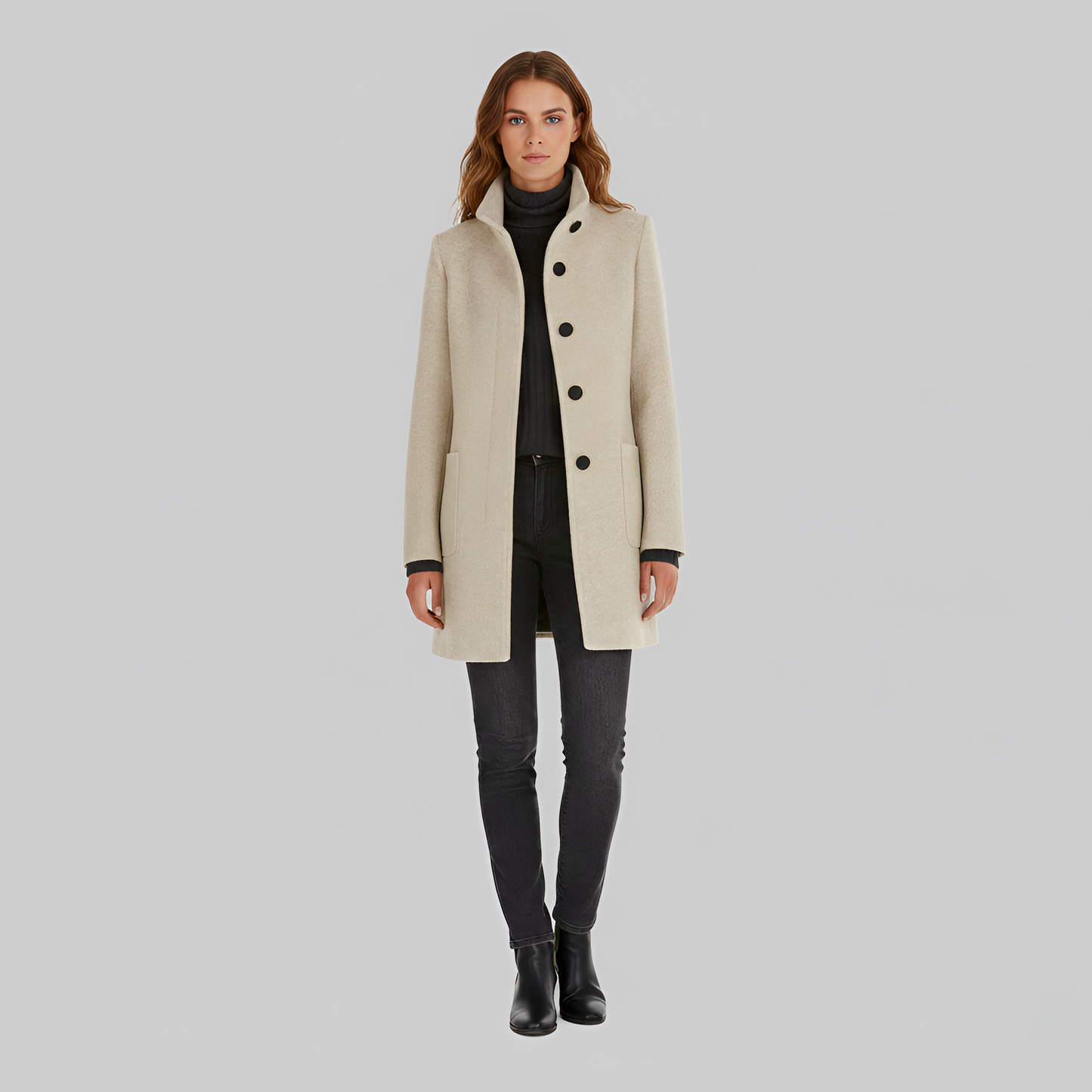 Manteau en Mélange de Laine Col Haut Poches Plaquées pour Femme