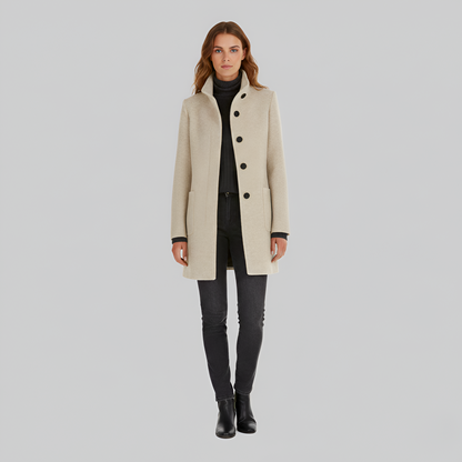 Manteau en Mélange de Laine Col Haut Poches Plaquées pour Femme