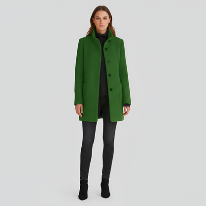 Manteau en Mélange de Laine Col Haut Poches Plaquées pour Femme