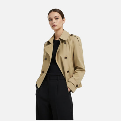Trench Court Ceinturé Col Montant Double Boutonnage pour Femme