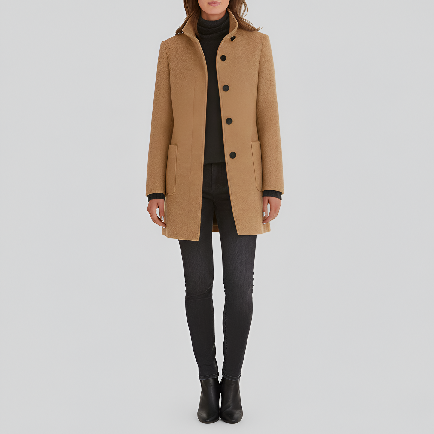 Manteau en Mélange de Laine Col Haut Poches Plaquées pour Femme