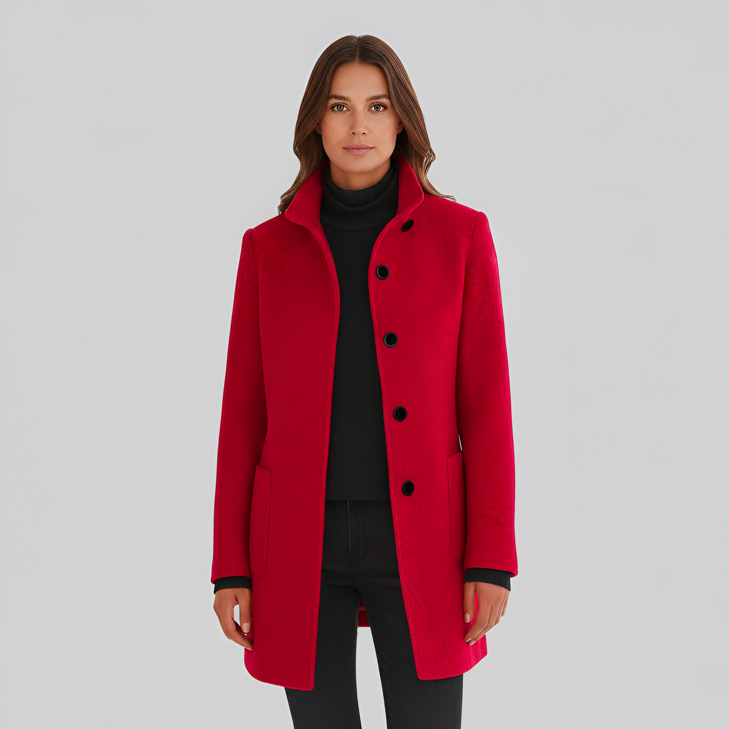 Manteau en Mélange de Laine Col Haut Poches Plaquées pour Femme