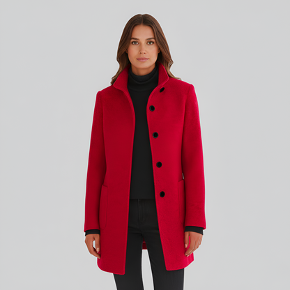 Manteau en Mélange de Laine Col Haut Poches Plaquées pour Femme