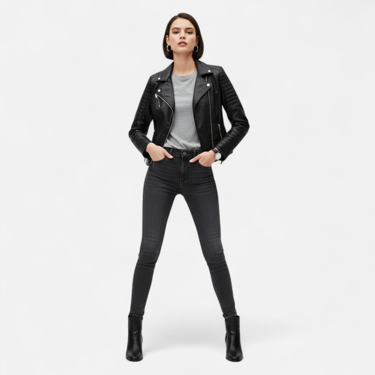 Blouson en Cuir Véritable Design Biker Coupe Structurée pour Femme