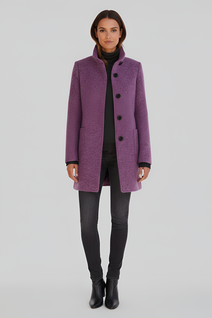 Manteau en Mélange de Laine Col Haut Poches Plaquées pour Femme