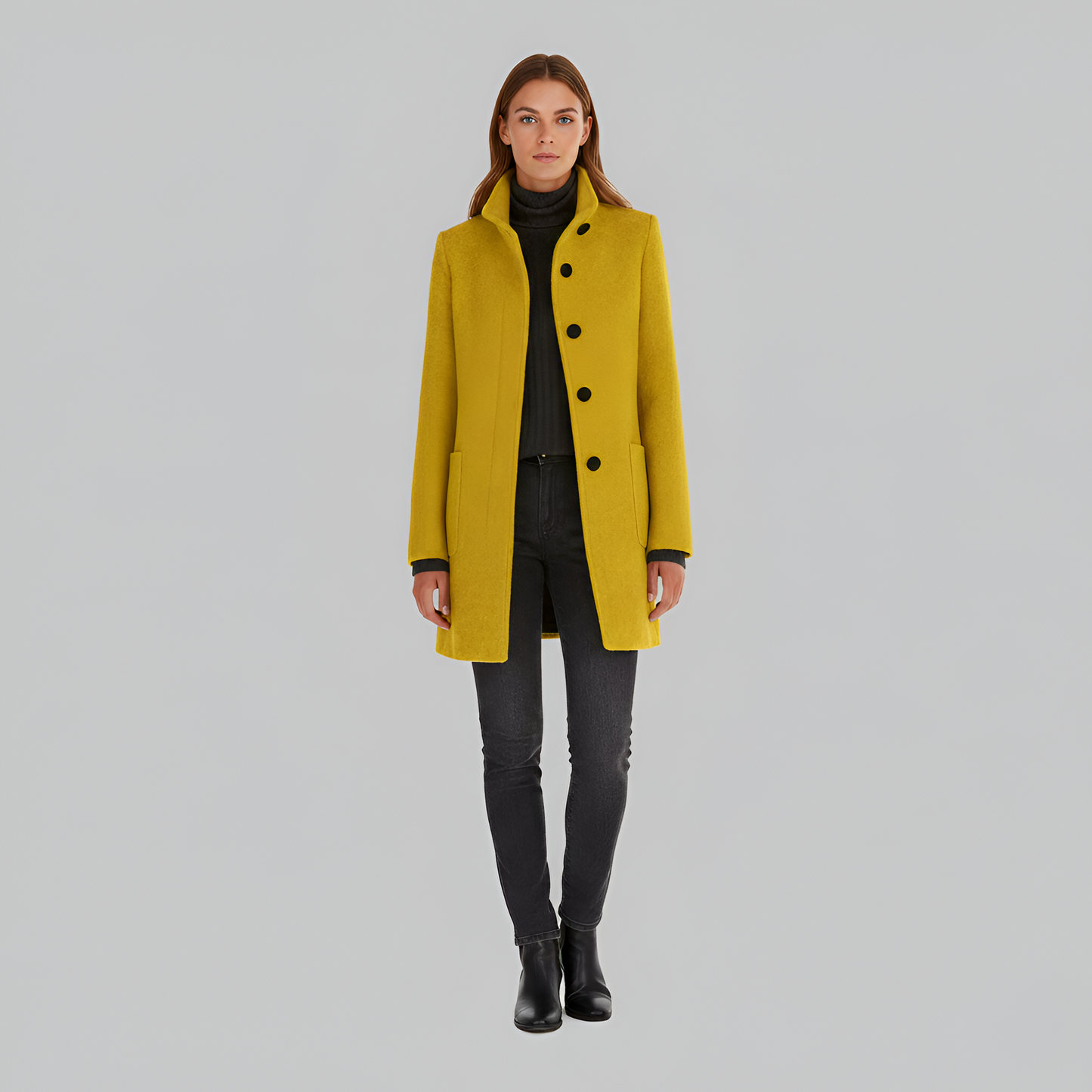 Manteau en Mélange de Laine Col Haut Poches Plaquées pour Femme