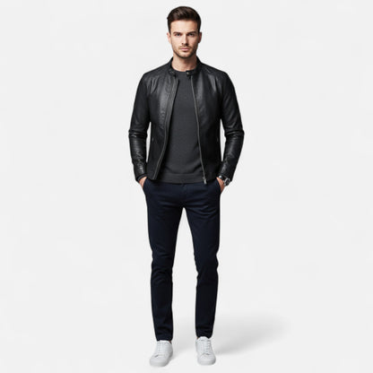 Blouson en Cuir Biker Col Montant Coupe Slim pour Homme