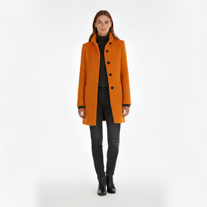 Manteau en Mélange de Laine Col Haut Poches Plaquées pour Femme