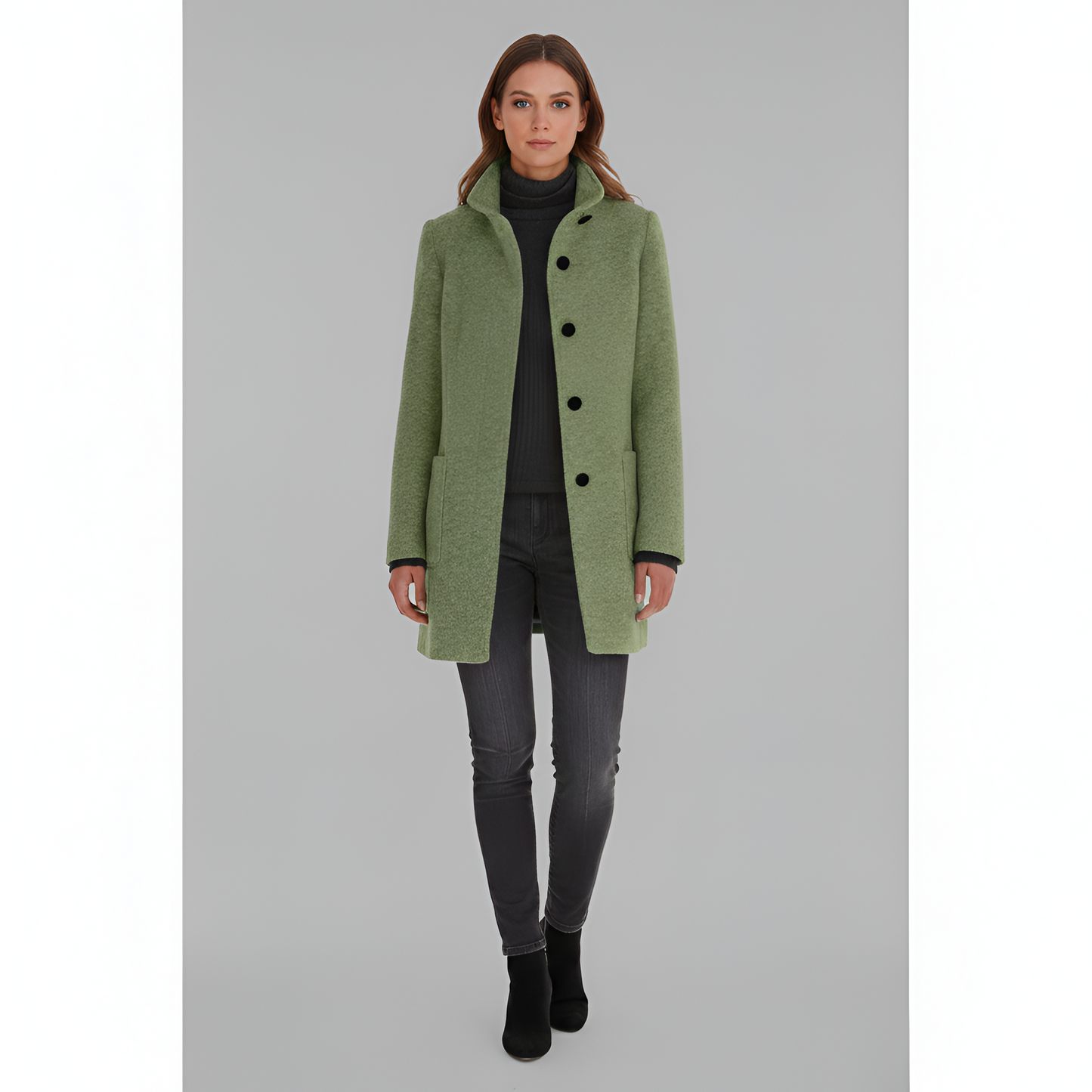 Manteau en Mélange de Laine Col Haut Poches Plaquées pour Femme