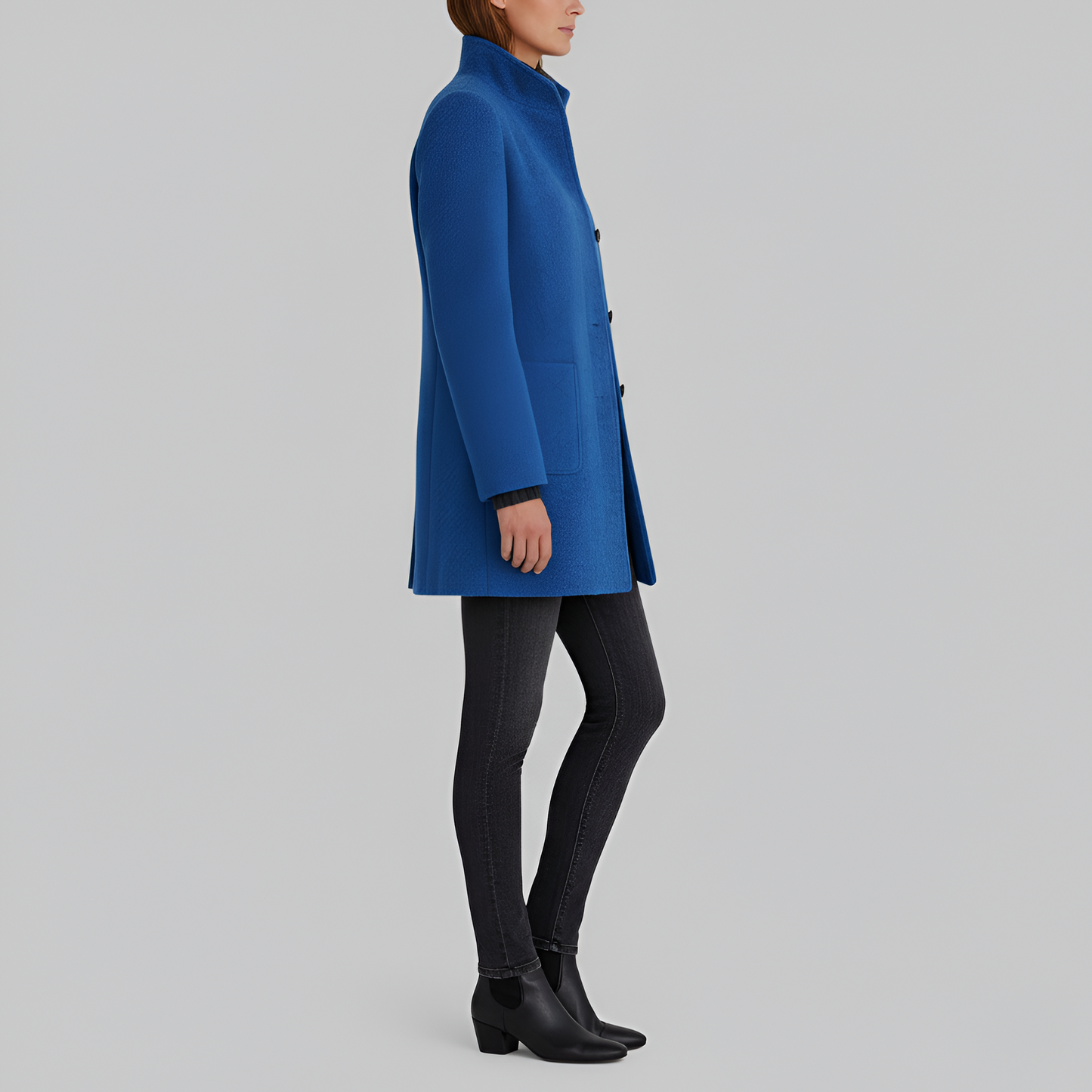 Manteau en Mélange de Laine Col Haut Poches Plaquées pour Femme
