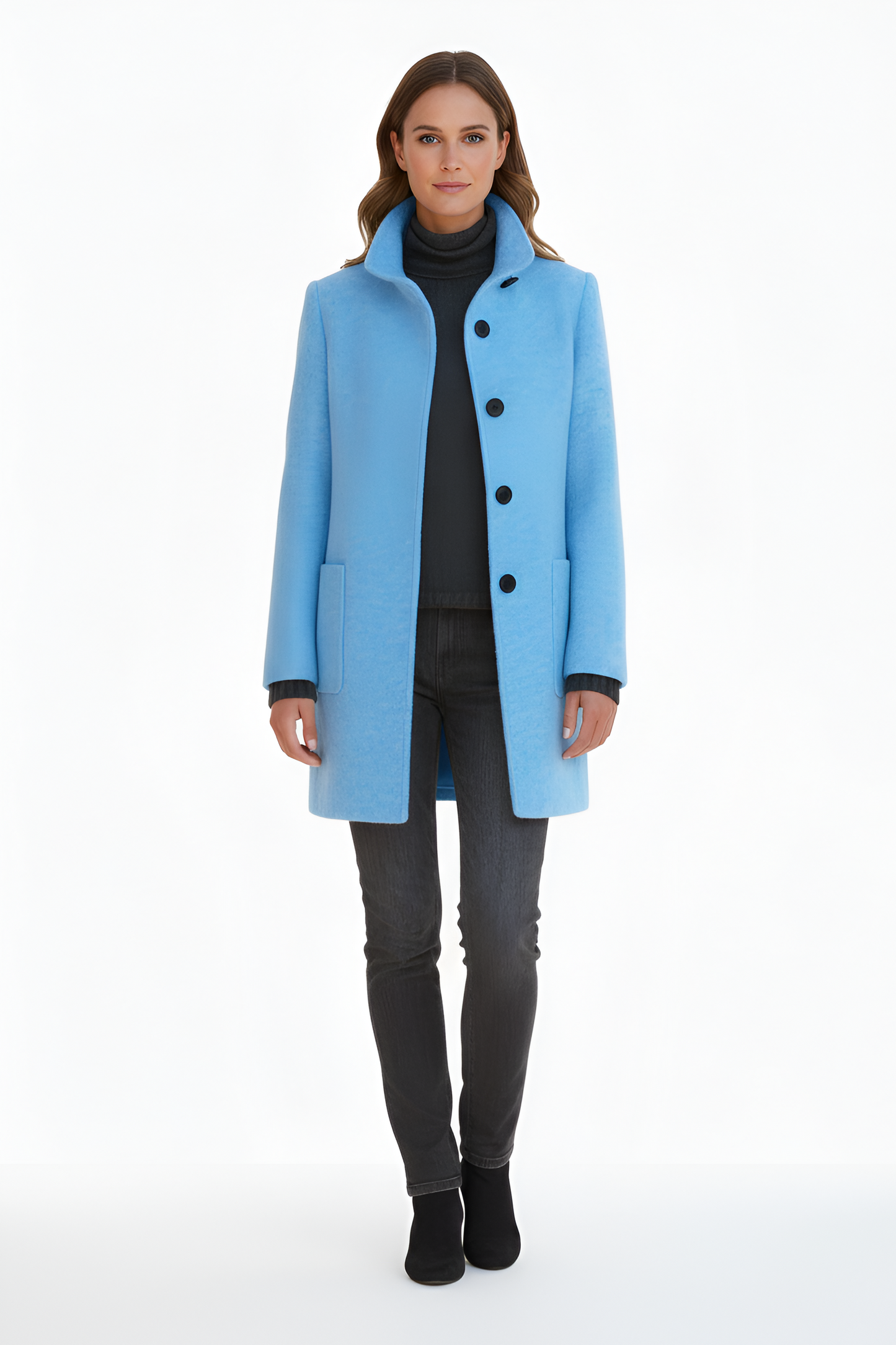 Manteau en Mélange de Laine Col Haut Poches Plaquées pour Femme