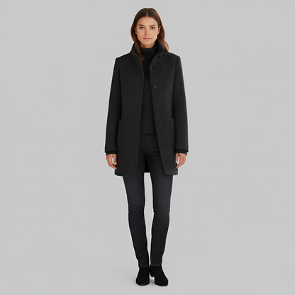 Manteau en Mélange de Laine Col Haut Poches Plaquées pour Femme