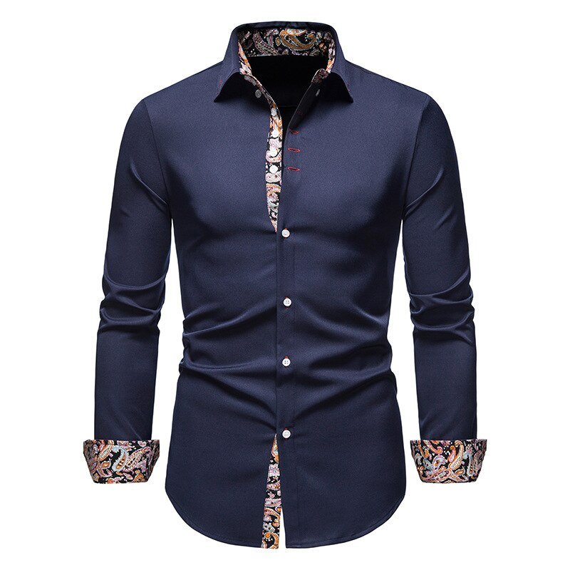Chemise Col Pointu Manches Longues Empiècement Imprimé pour Homme