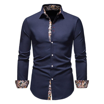 Chemise Col Pointu Manches Longues Empiècement Imprimé pour Homme