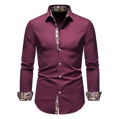 Chemise Col Pointu Manches Longues Empiècement Imprimé pour Homme
