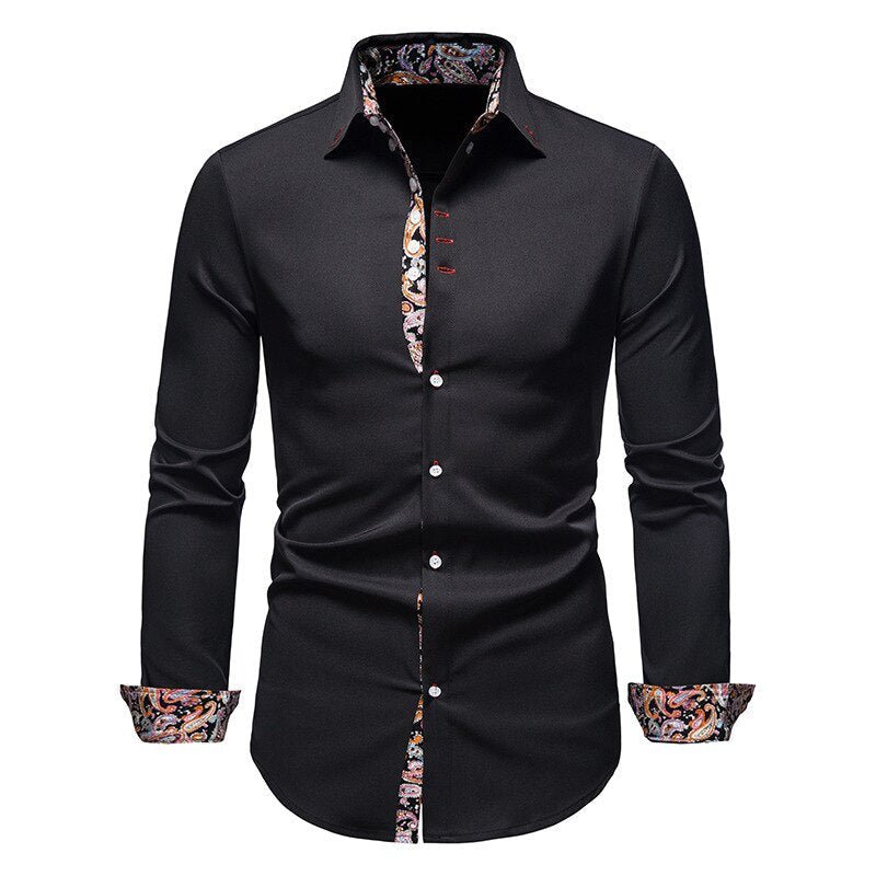 Chemise Col Pointu Manches Longues Empiècement Imprimé pour Homme