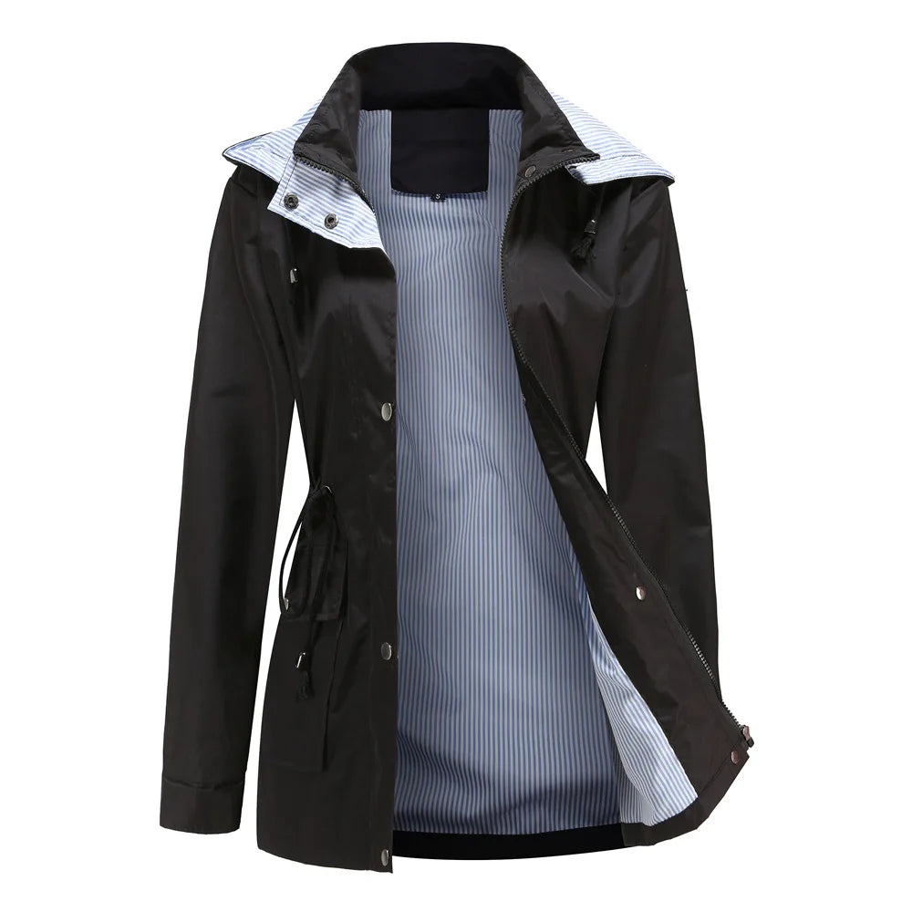 Trench-Coat à Capuche Taille Cordon Doublure Rayée pour Femme
