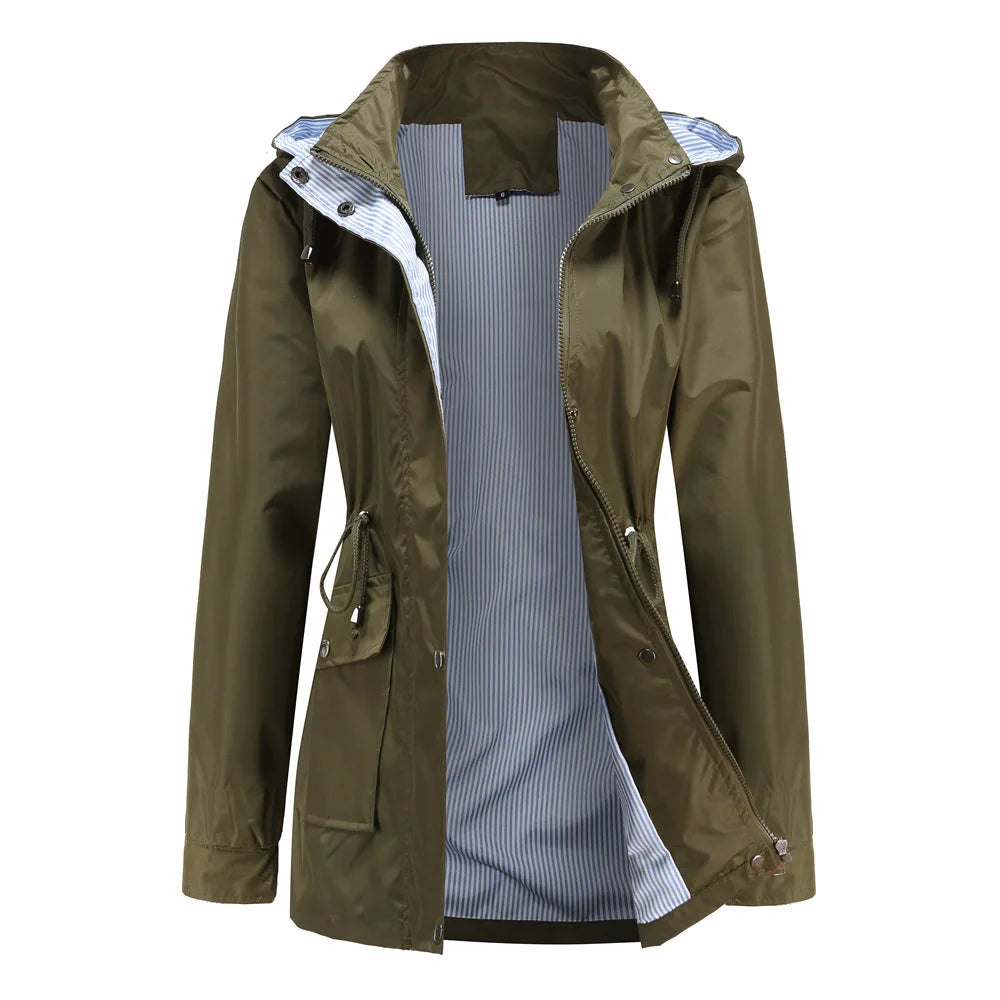 Trench-Coat à Capuche Taille Cordon Doublure Rayée pour Femme