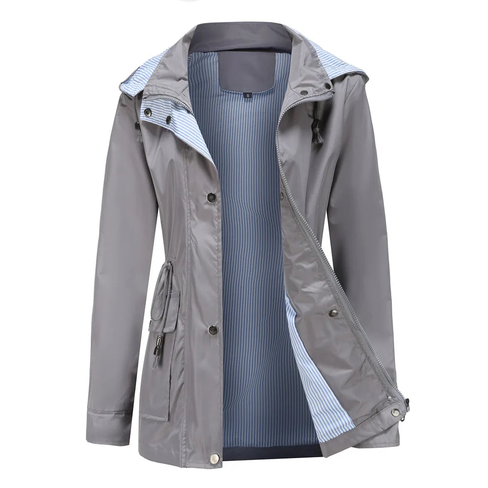 Trench-Coat à Capuche Taille Cordon Doublure Rayée pour Femme