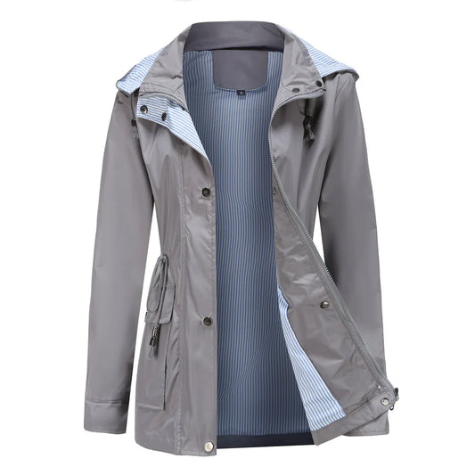 Trench-Coat à Capuche Taille Cordon Doublure Rayée pour Femme