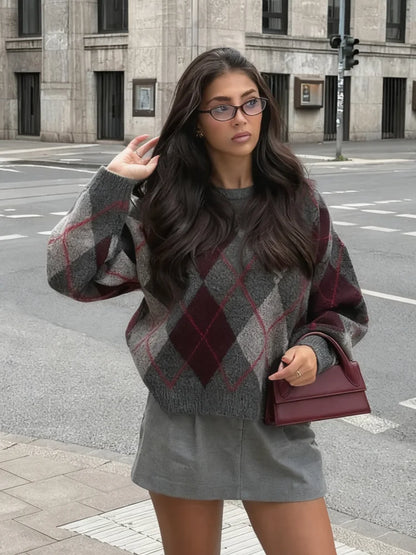 Pull en Coton Motif Losange pour Femme