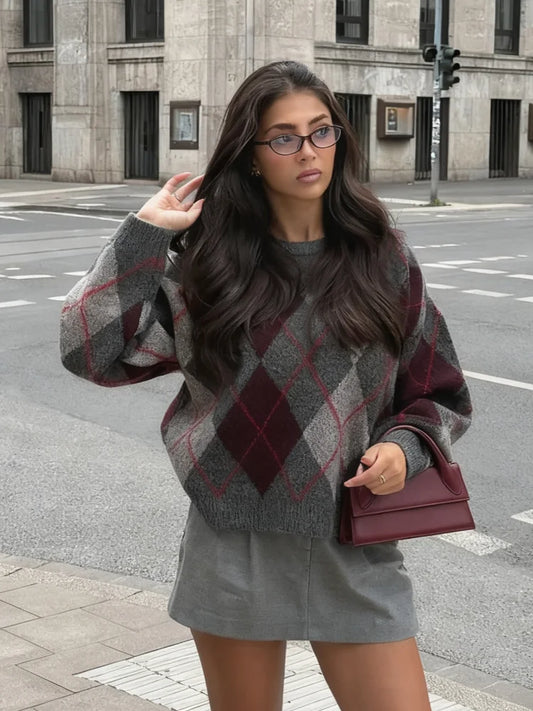 Pull en Coton Motif Losange pour Femme