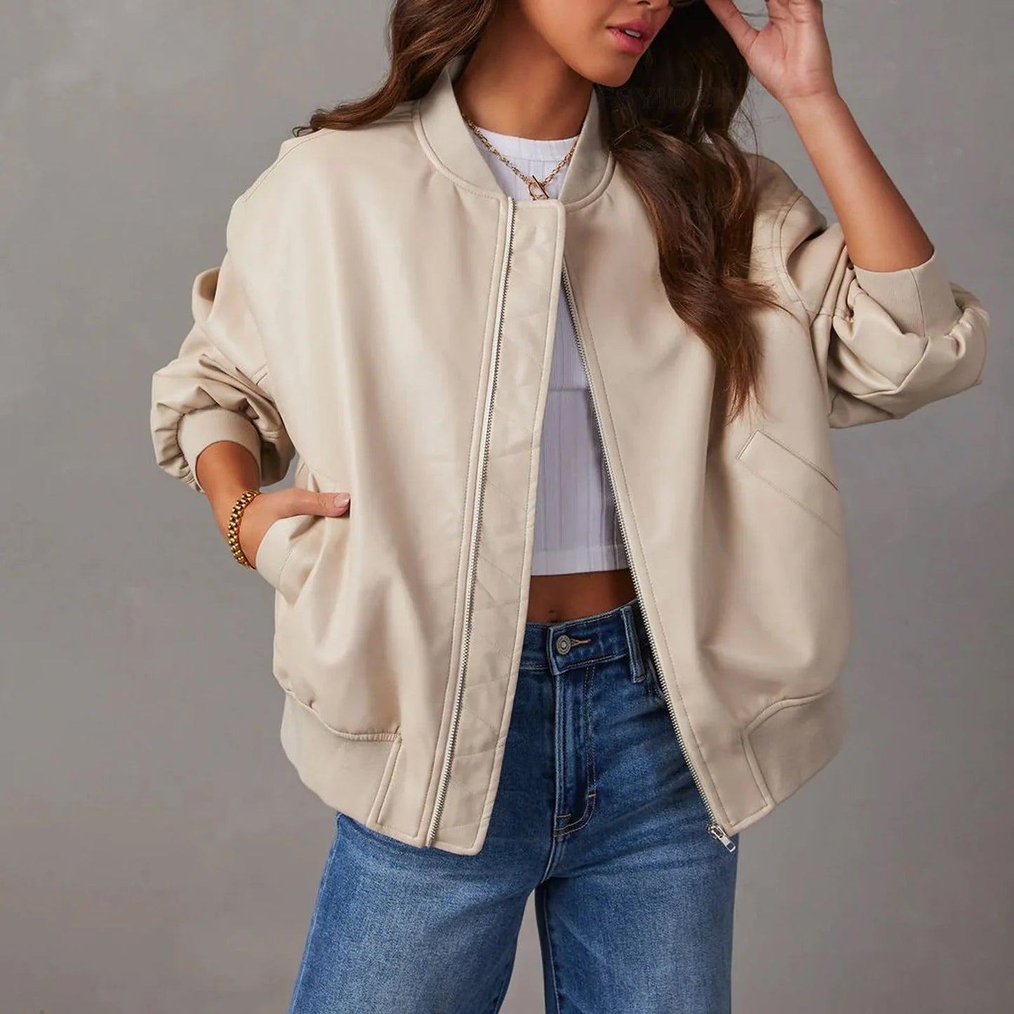 Veste en Similicuir Zippée Col Officier pour Femme