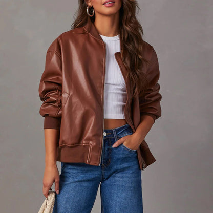 Veste en Similicuir Zippée Col Officier pour Femme