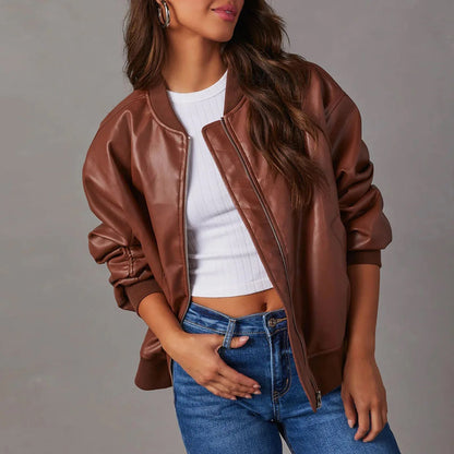 Veste en Similicuir Zippée Col Officier pour Femme
