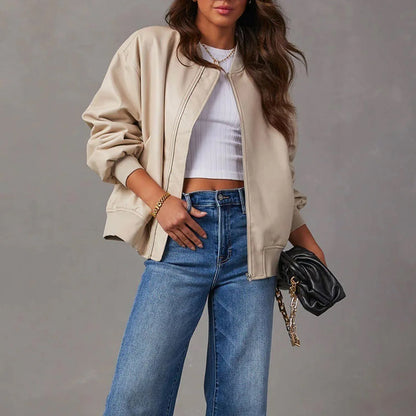 Veste en Similicuir Zippée Col Officier pour Femme