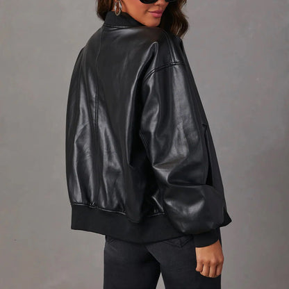 Veste en Similicuir Zippée Col Officier pour Femme