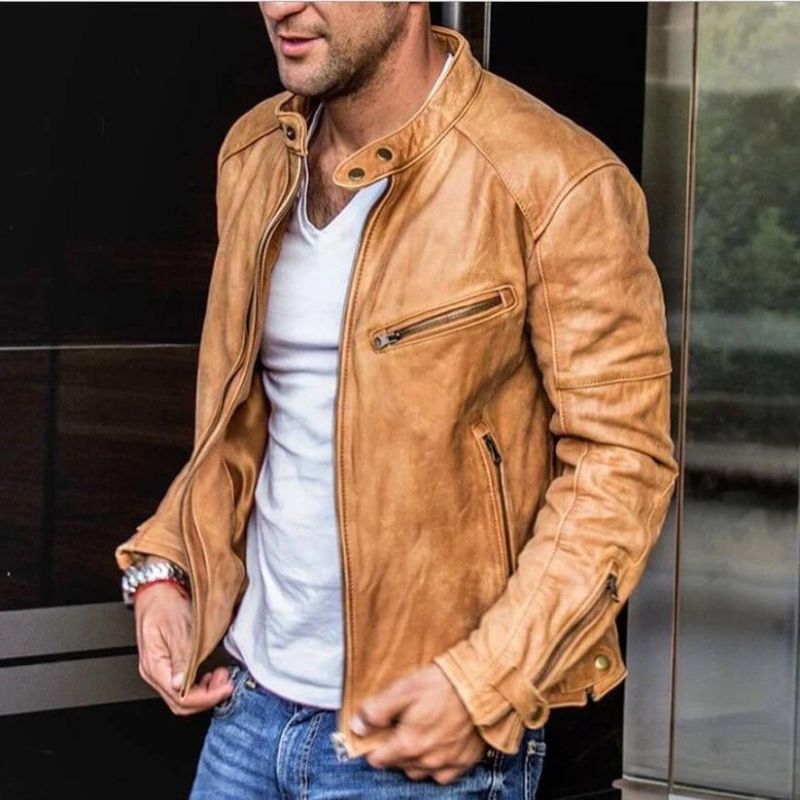 Veste en Cuir Véritable Souple Design Épuré pour Homme