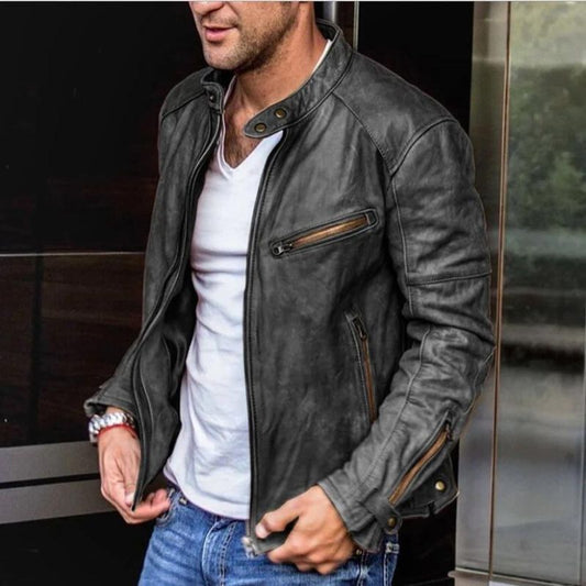 Veste en Cuir Véritable Souple Design Épuré pour Homme