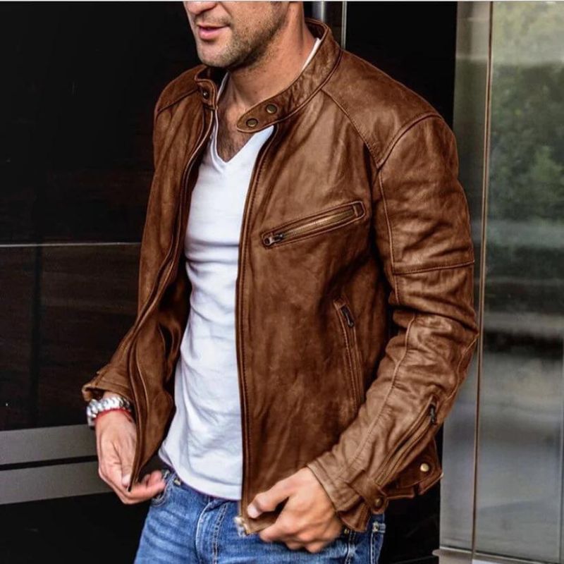 Veste en Cuir Véritable Souple Design Épuré pour Homme