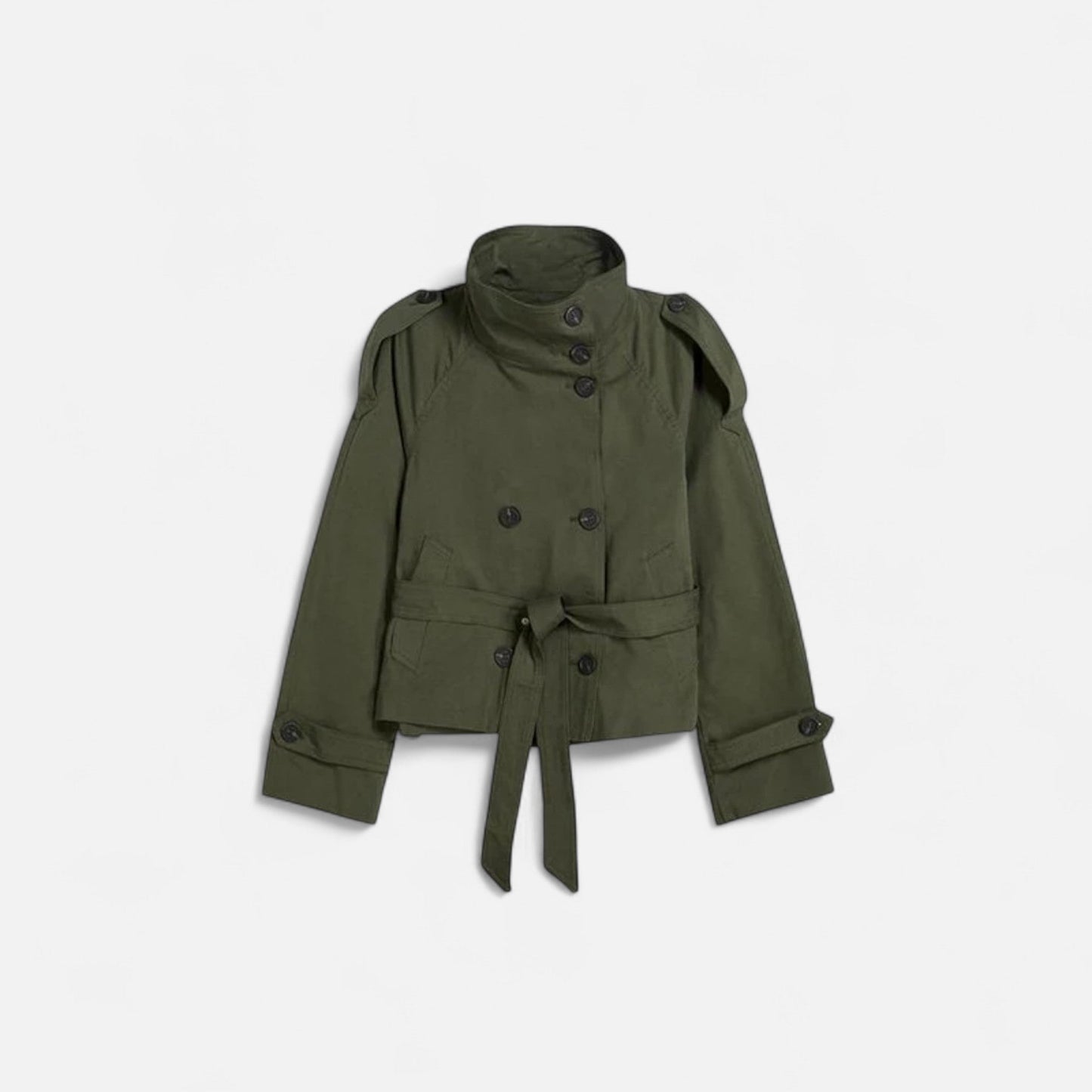 Trench Court Ceinturé Col Montant Double Boutonnage pour Femme